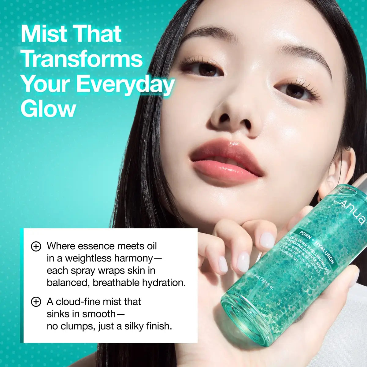 Woman holding a green bottle with text about a mist product on a teal background
