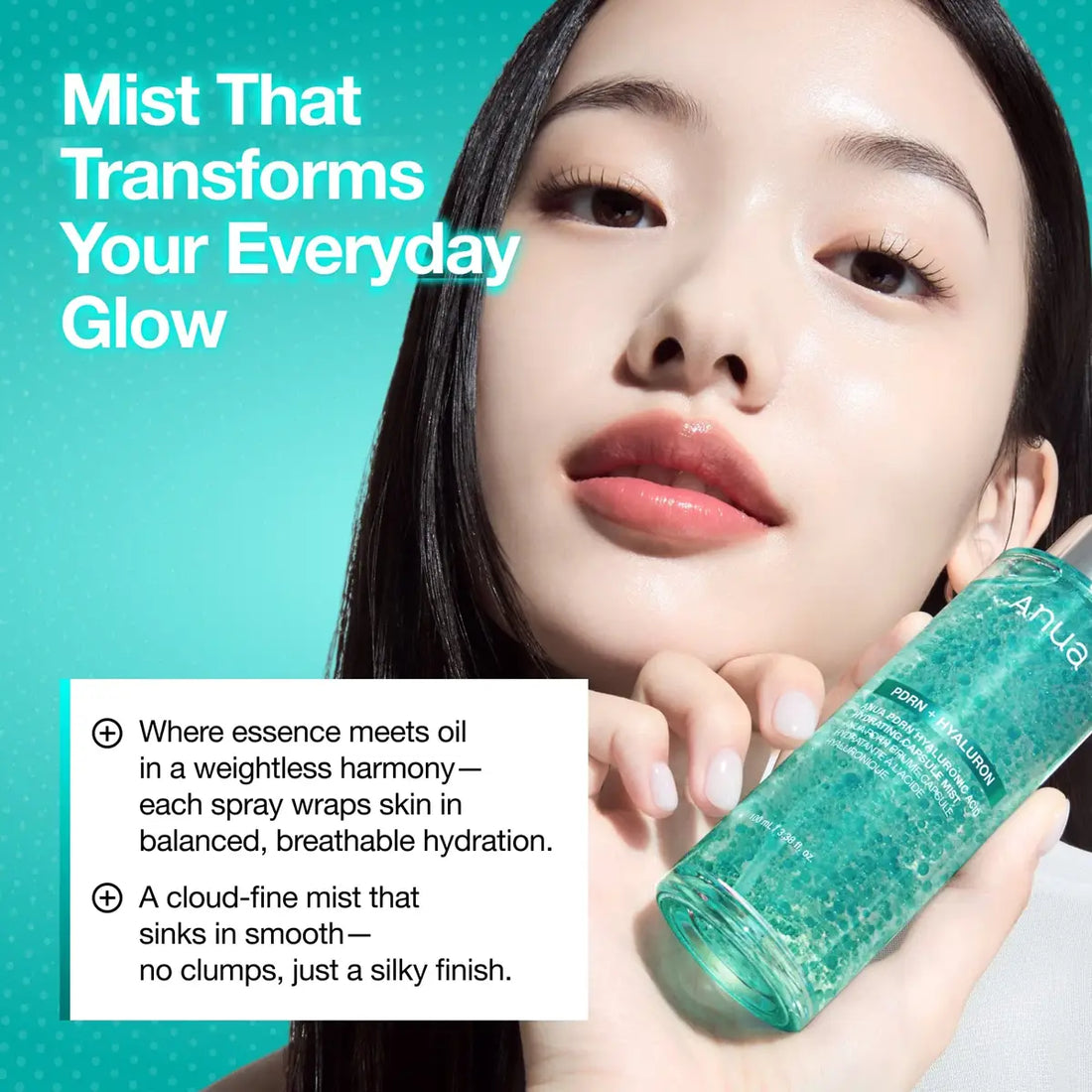 Woman holding a green bottle with text about a mist product on a teal background