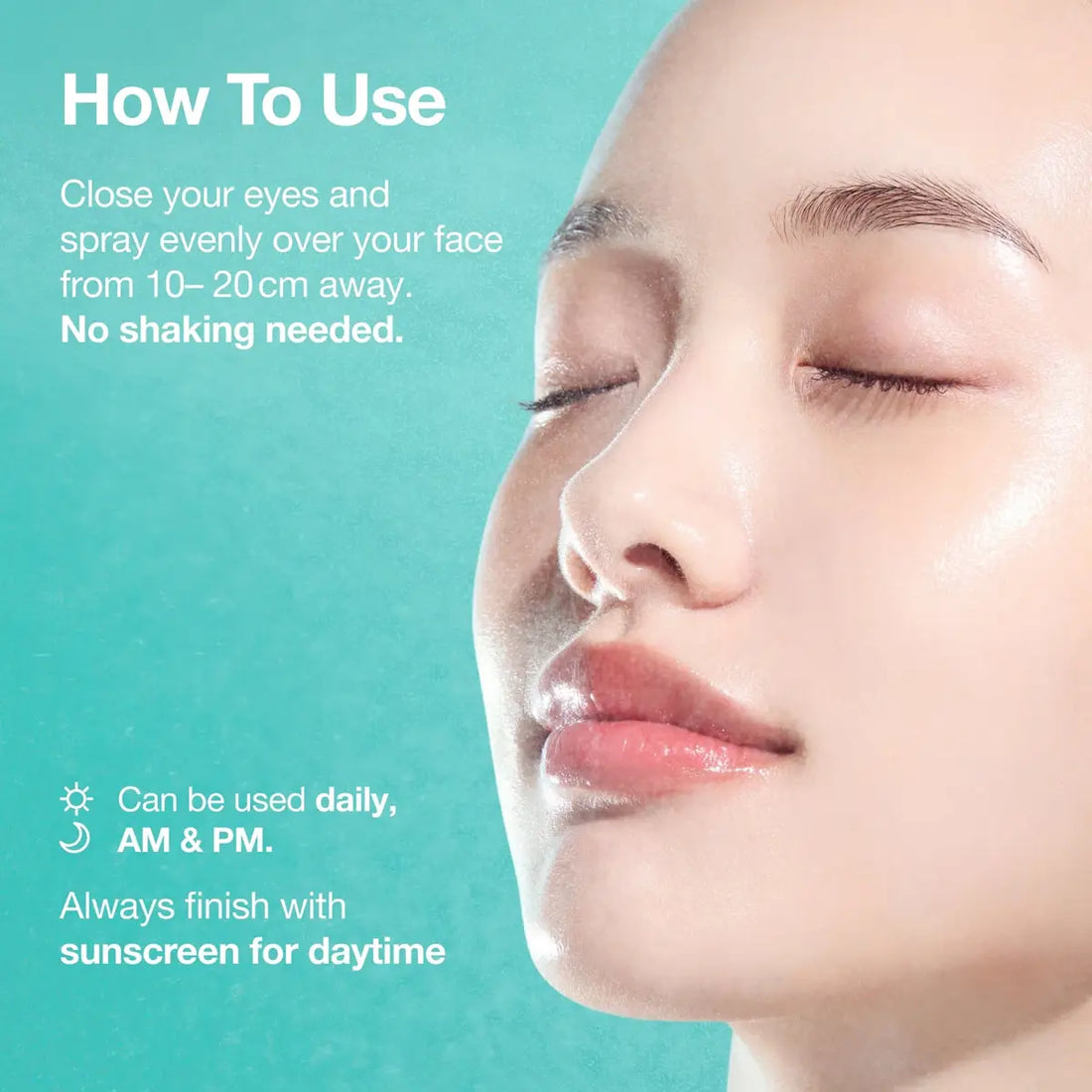 Cosmetic product use instructions with a close-up of a woman's face against a teal background