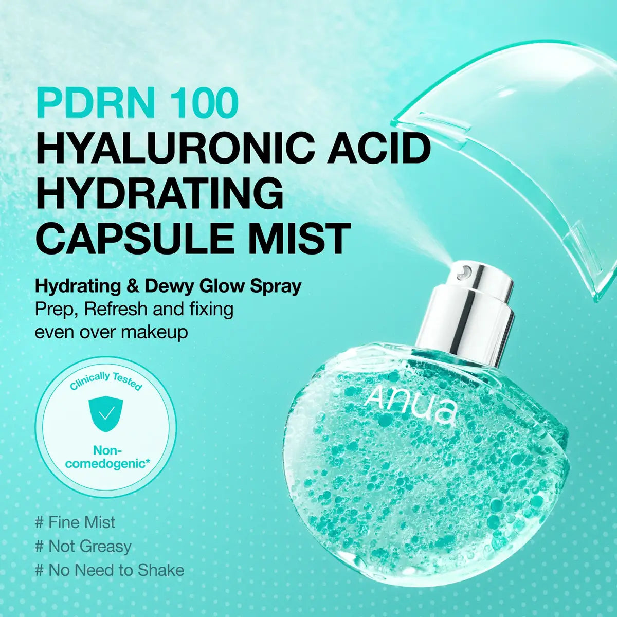 Hyaluronic acid hydrating capsule mist spray bottle with brand name on a teal background