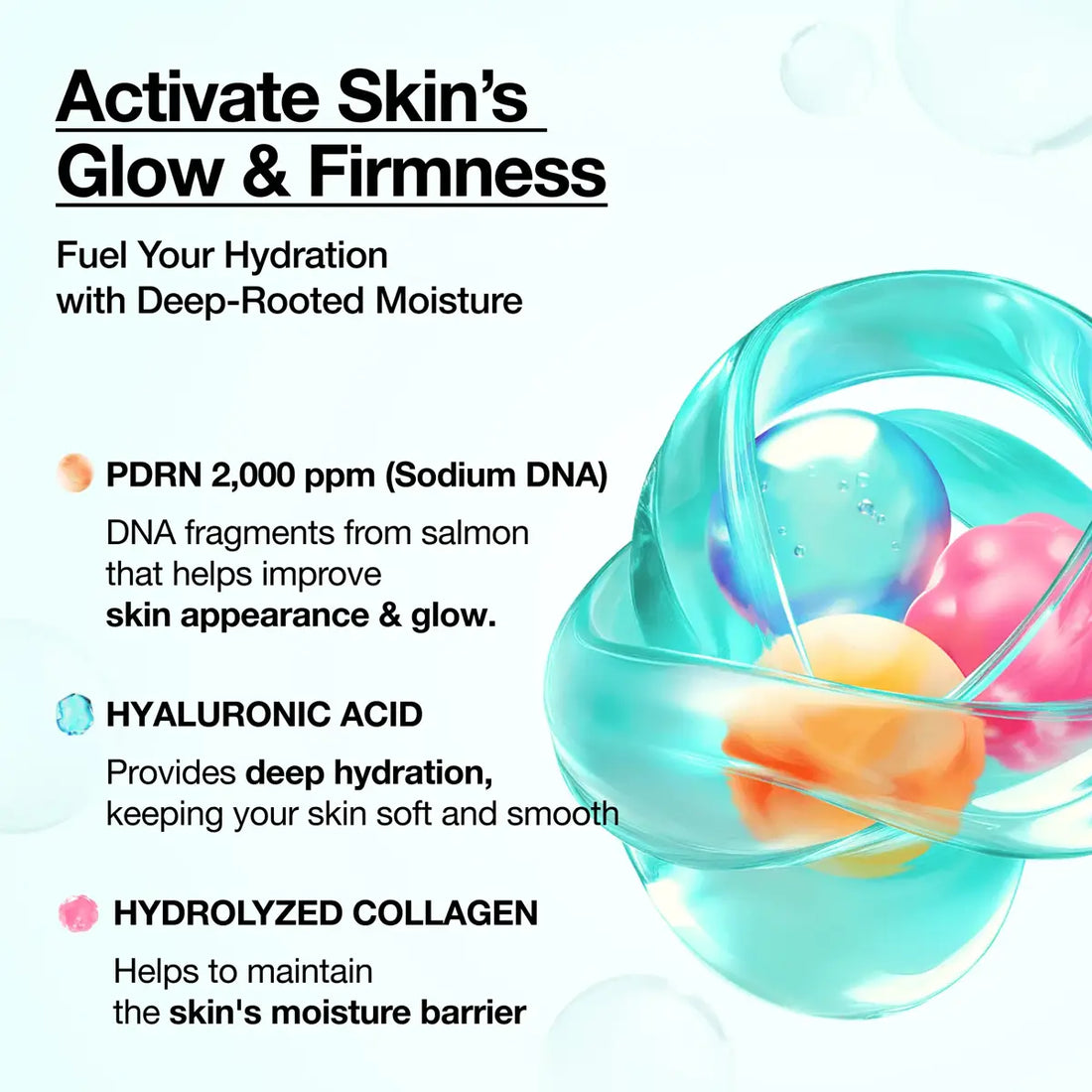 Cosmetic product with text highlighting ingredients for skin hydration and firmness.