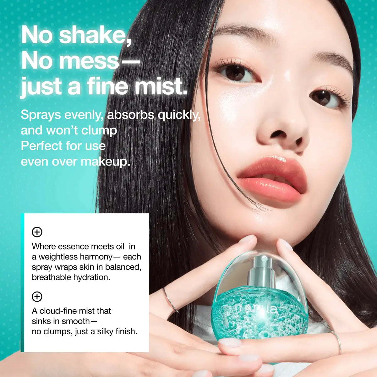Person holding a skincare product with text about its benefits on a teal background