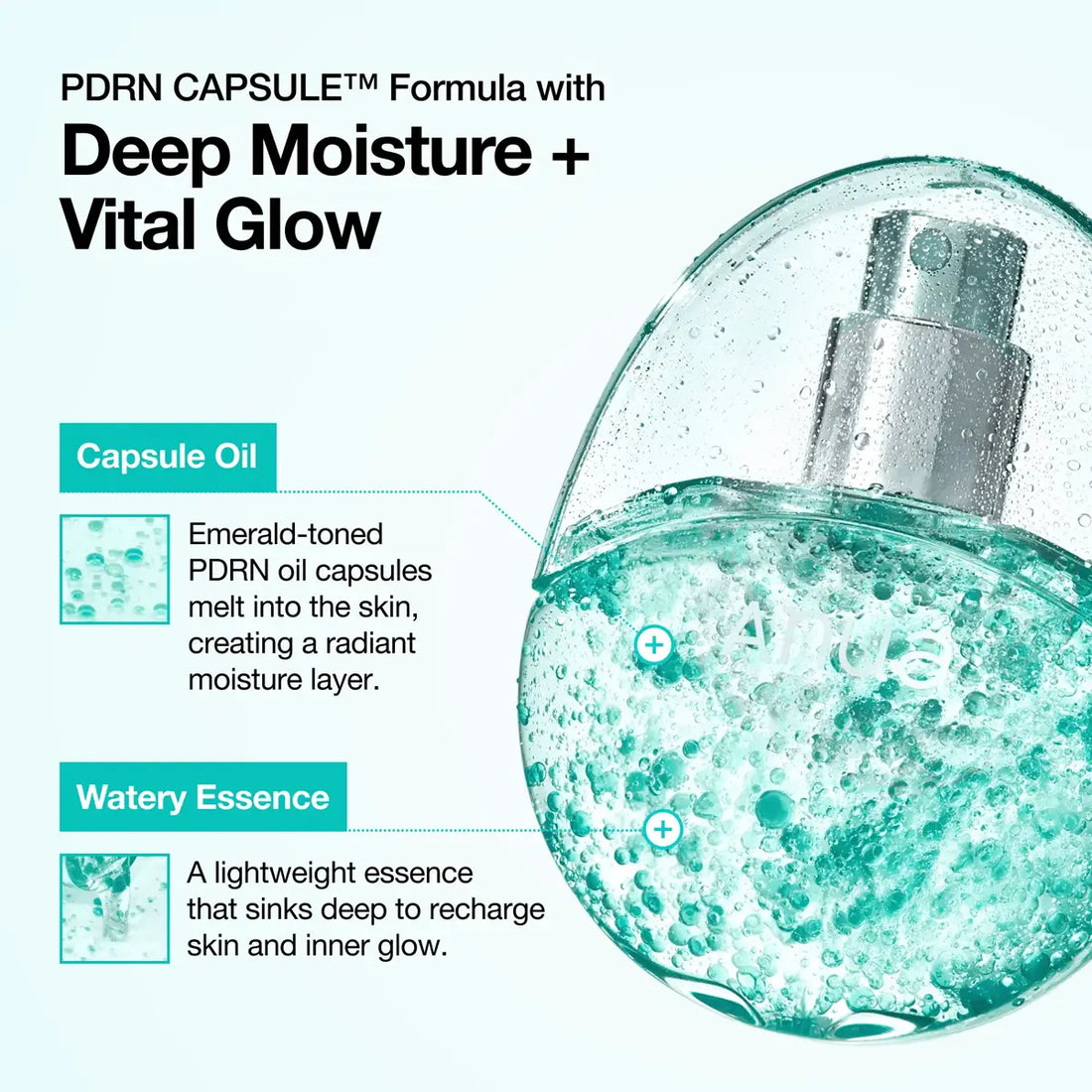 Cosmetic product with text about PDRN Capsule Formula, deep moisture, and vital glow.