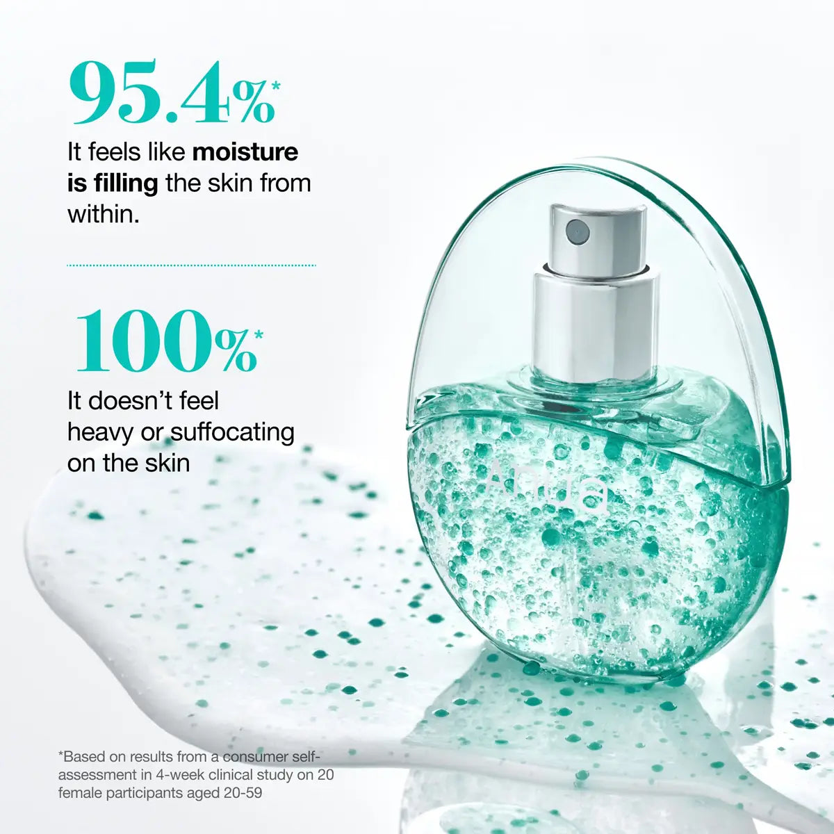 Spray bottle with green liquid on a white background, featuring text about skin moisture.