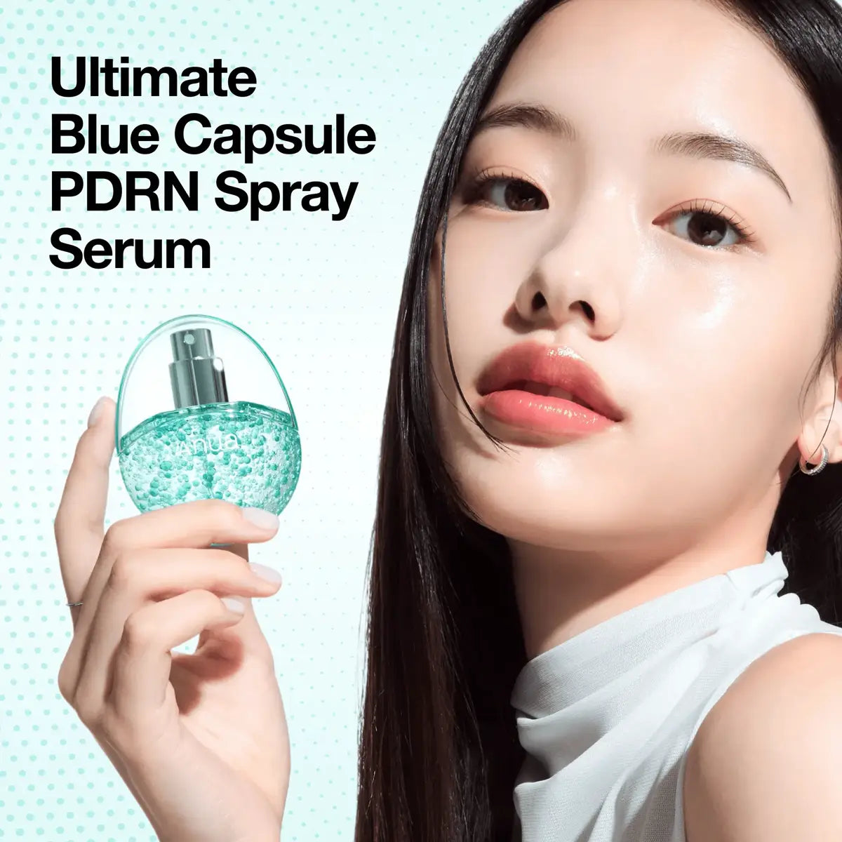 Woman holding a blue capsule PDRN spray serum with text 'Ultimate Blue Capsule PDRN Spray Serum' on a light blue background.