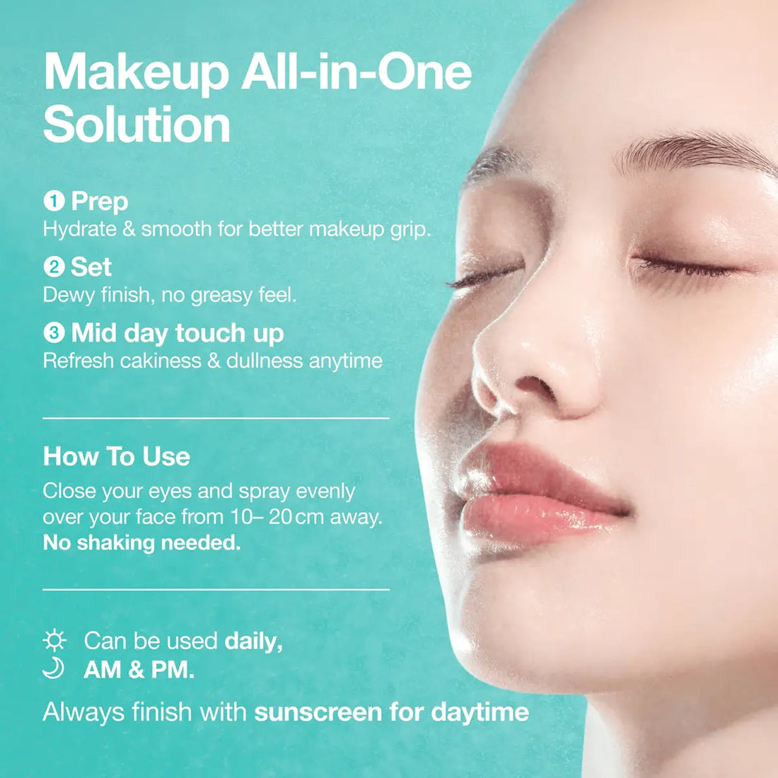Makeup product advertisement with a woman's face and product features on a teal background