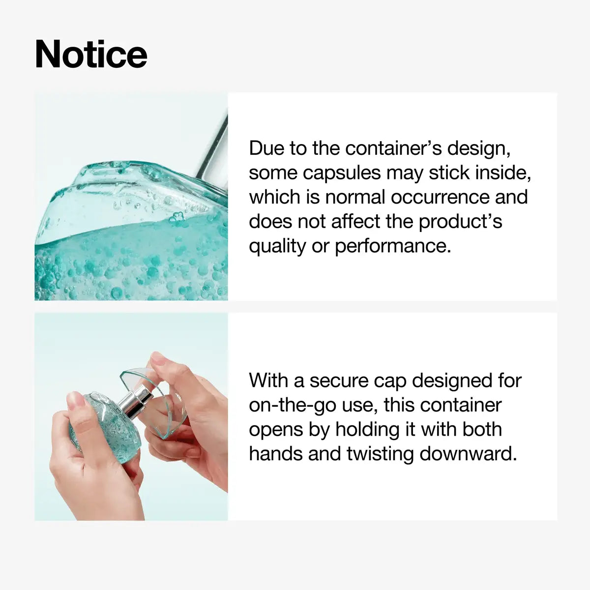 Product container with text explaining capsule sticking and secure cap design.