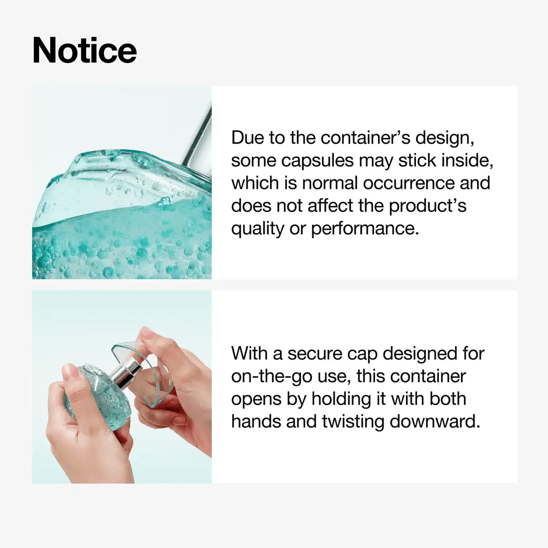 Product container with text explaining capsule sticking and secure cap design.