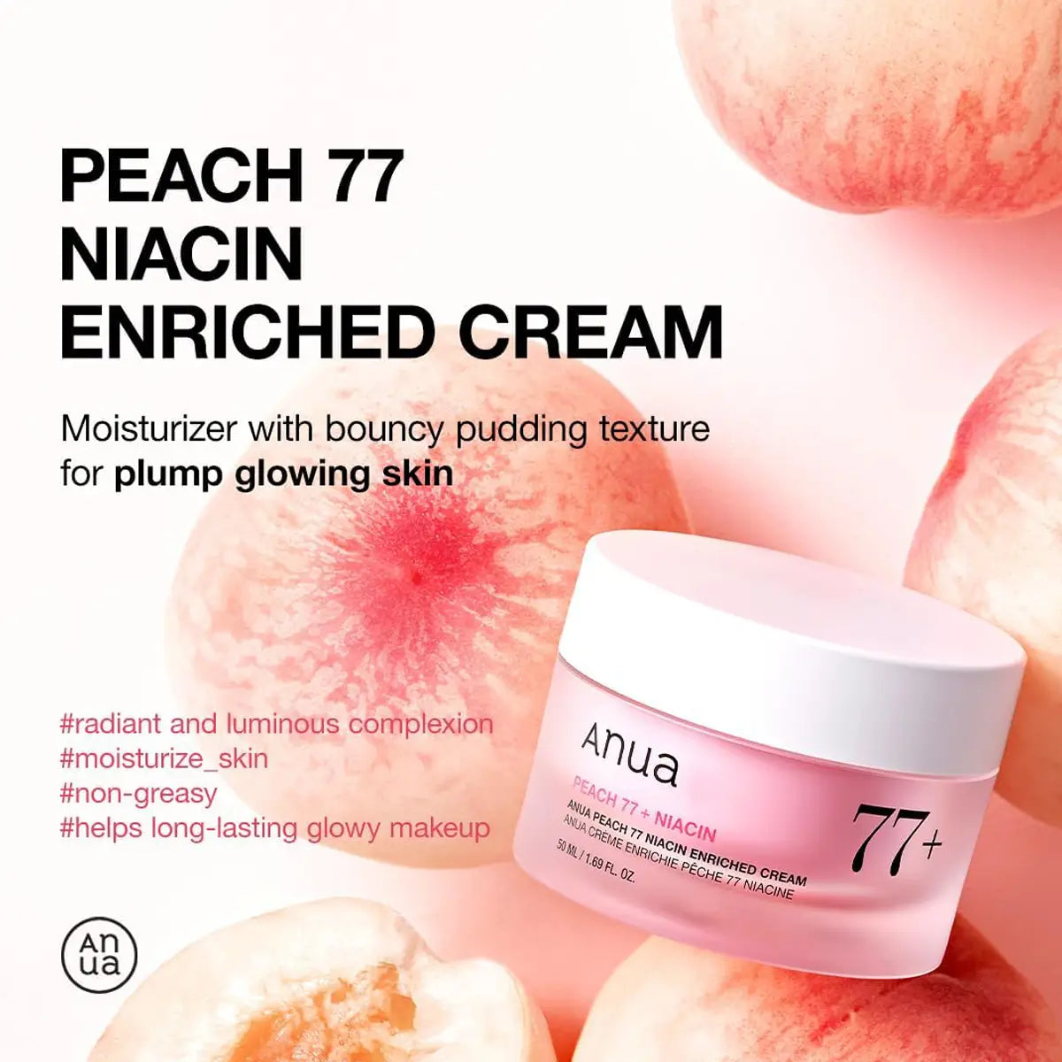 Anua Peach 77 Niacin Enriched Cream jar with peach slices on a white background