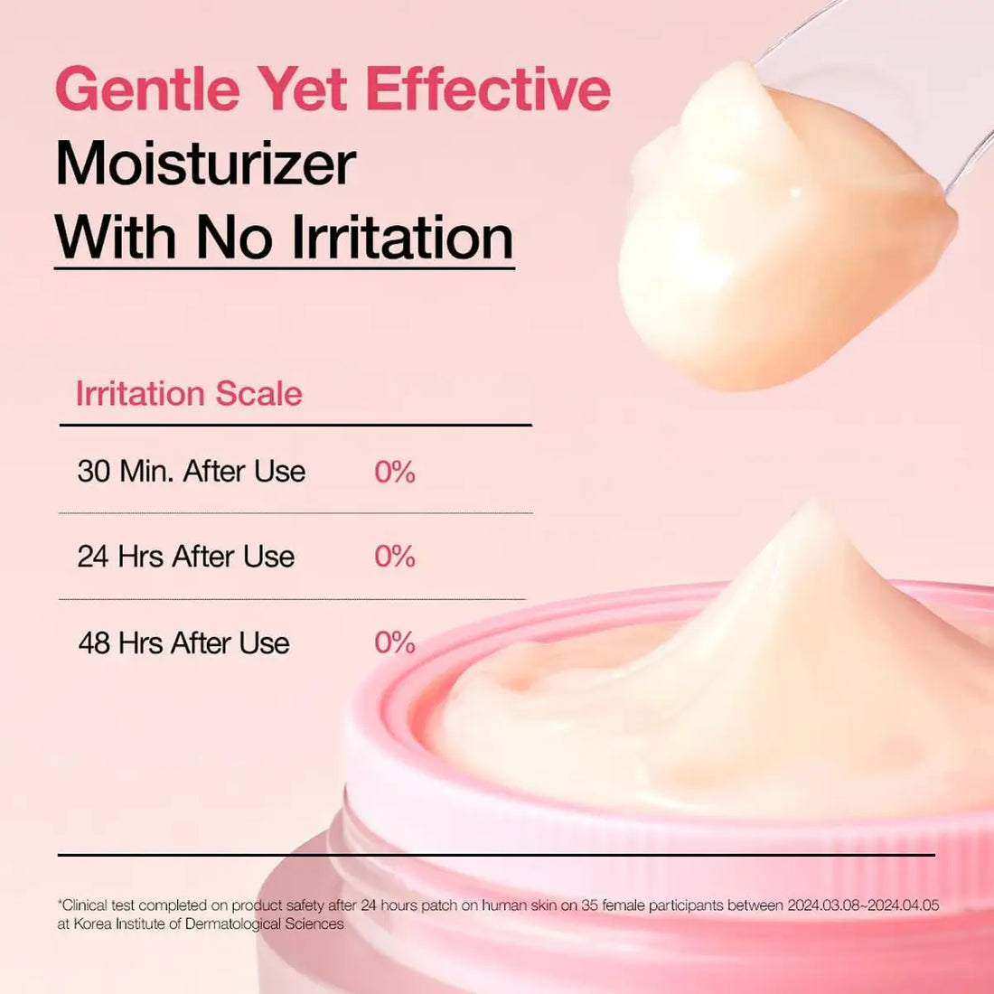 Moisturizer jar with irritation scale on a pink background