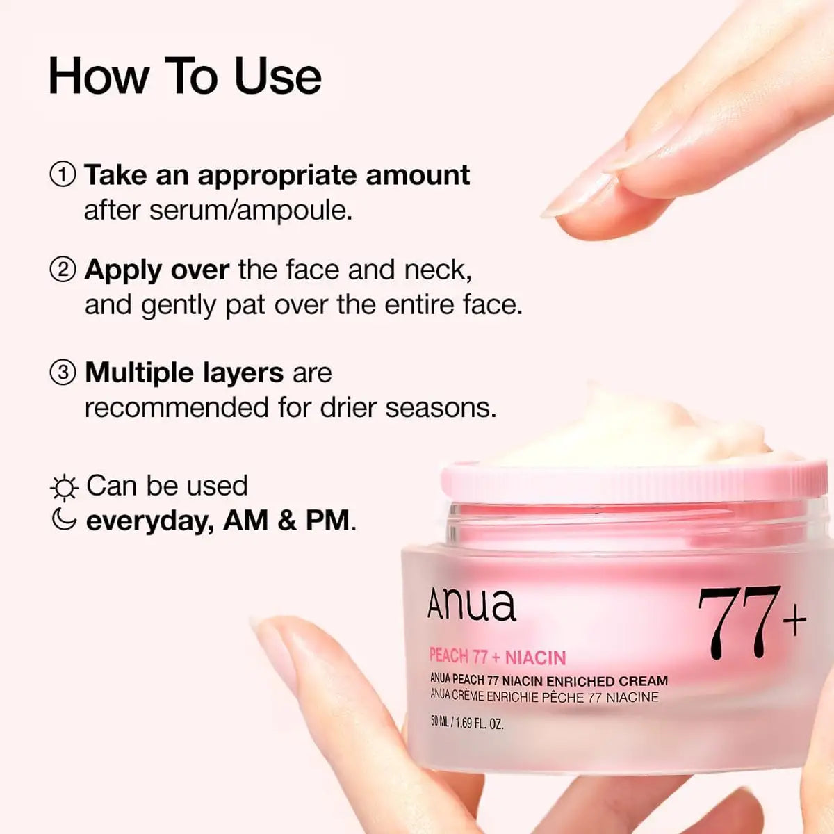 Anua 77+ cream jar with usage instructions on a white background