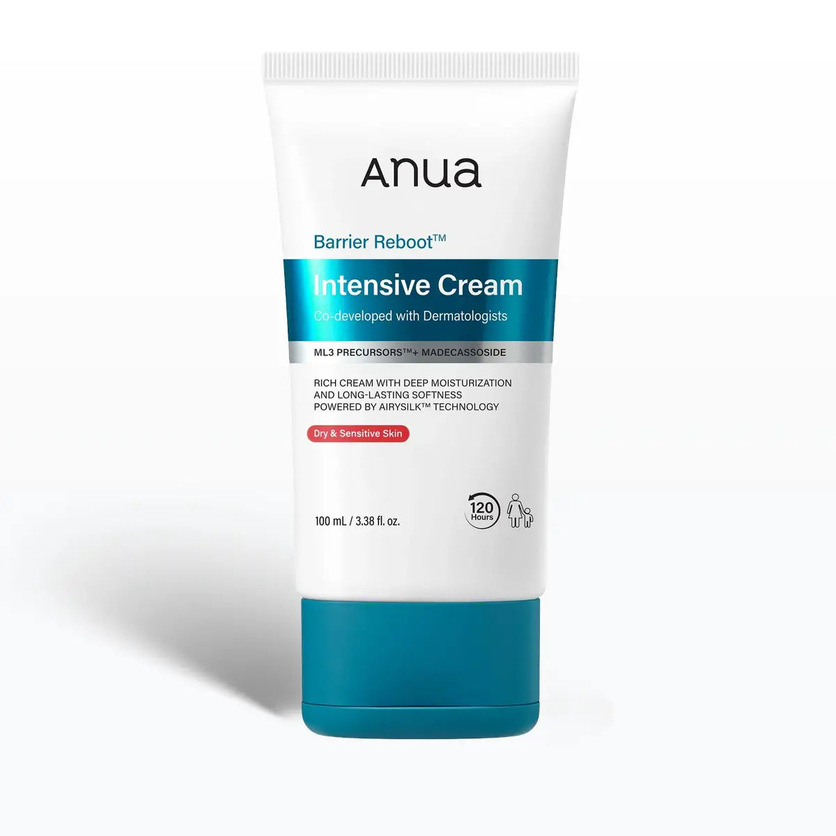 Anua Barrier Reboot Intensive Cream in a white squeeze tube with a teal blue cap and teal label accents, shown on a clean white background.