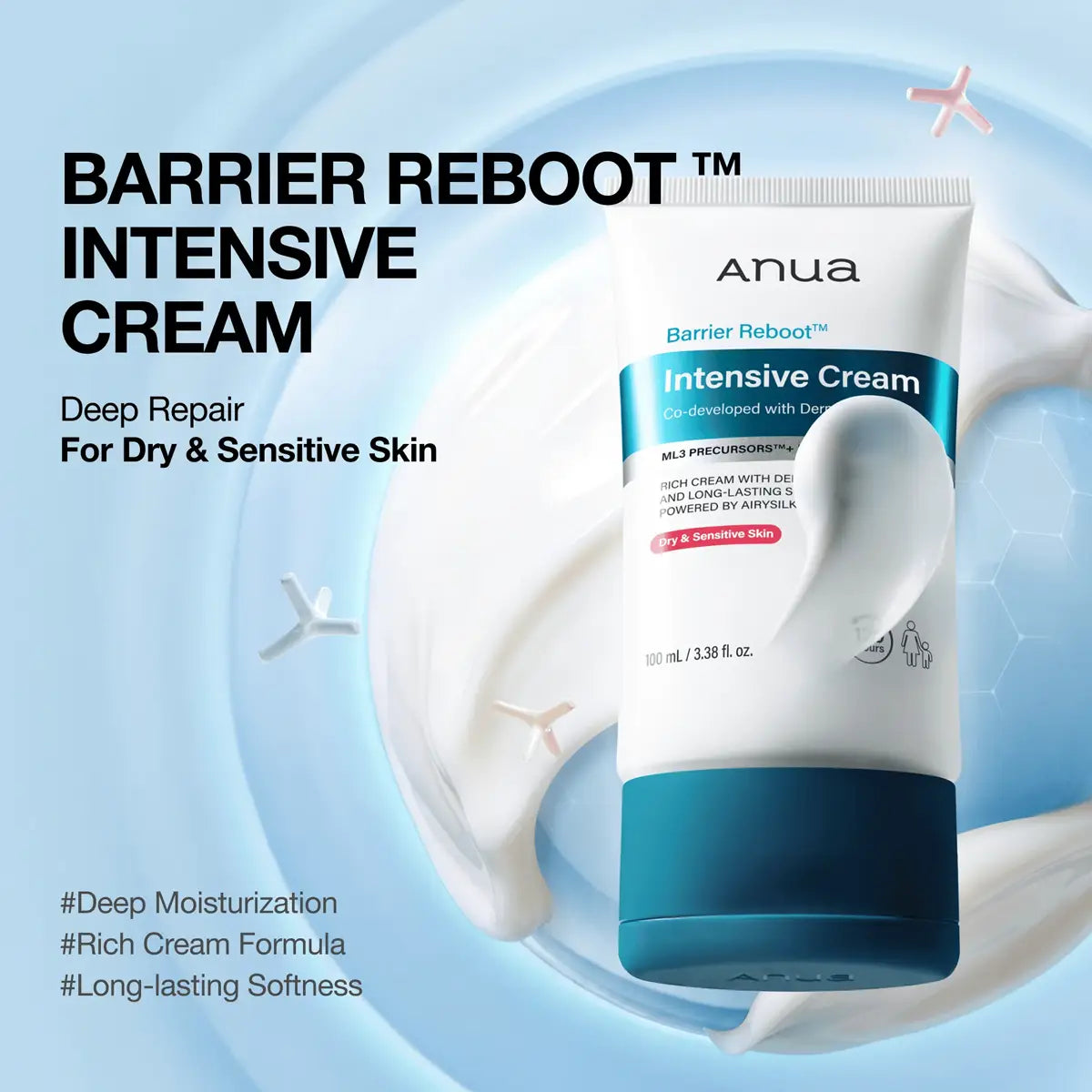 Anua Barrier Reboot Intensive Cream tube shown on a light blue graphic background with text reading 'BARRIER REBOOT INTENSIVE CREAM' and 'Deep Repair For Dry & Sensitive Skin'.