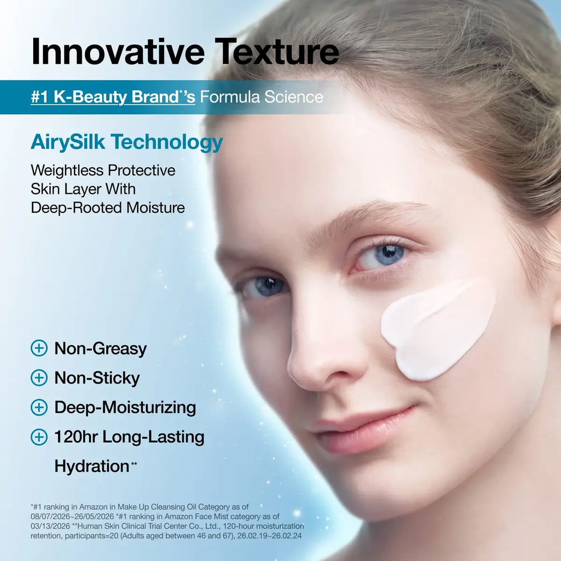 Beauty marketing graphic featuring a close-up of a woman's face with a white cream patch applied to her cheek, alongside text highlighting 'Innovative Texture' and 'AirySilk Technology' with product benefits.