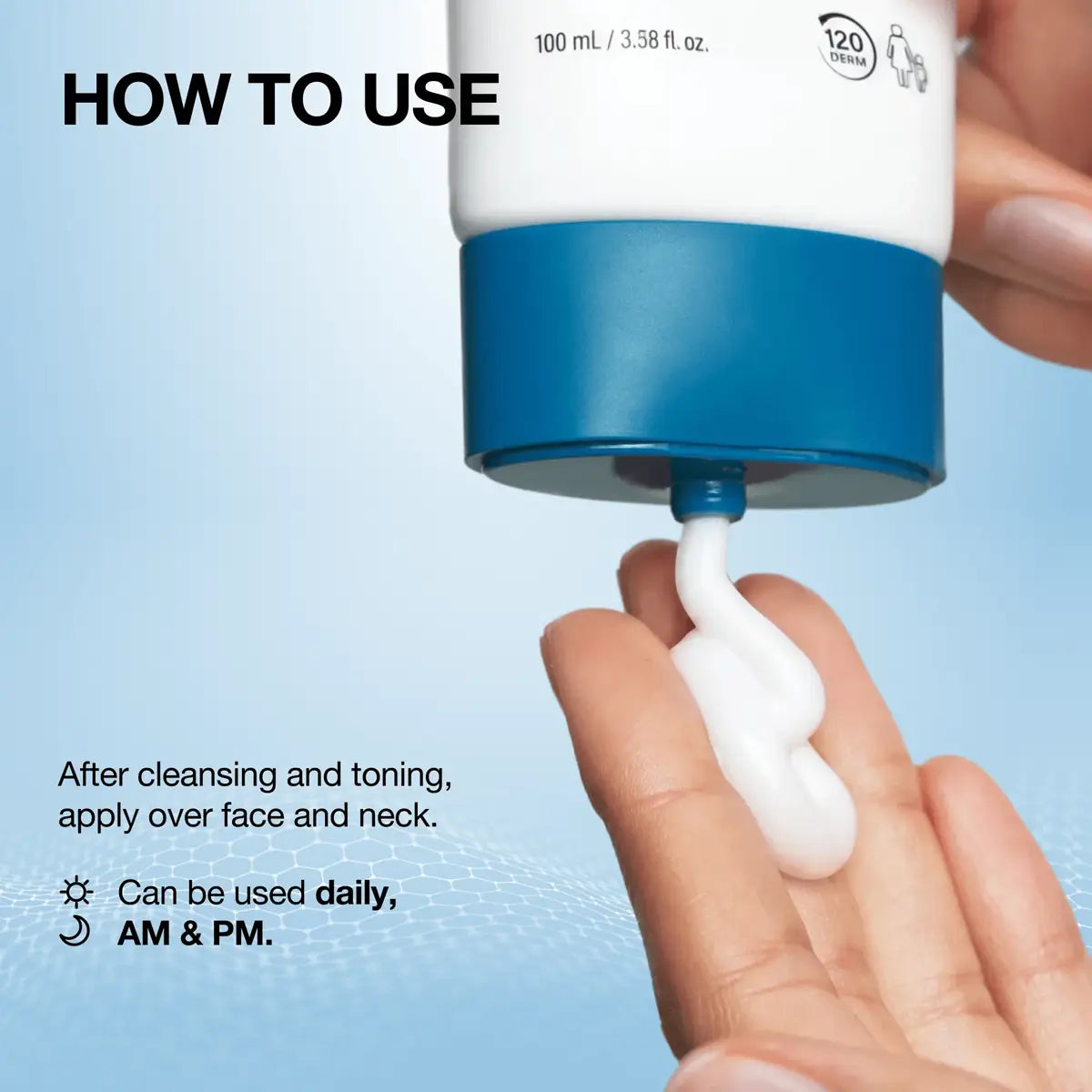 A hand squeezes a white cream product from a blue-and-white tube onto the back of another hand, with text reading HOW TO USE and usage instructions on a light blue background.