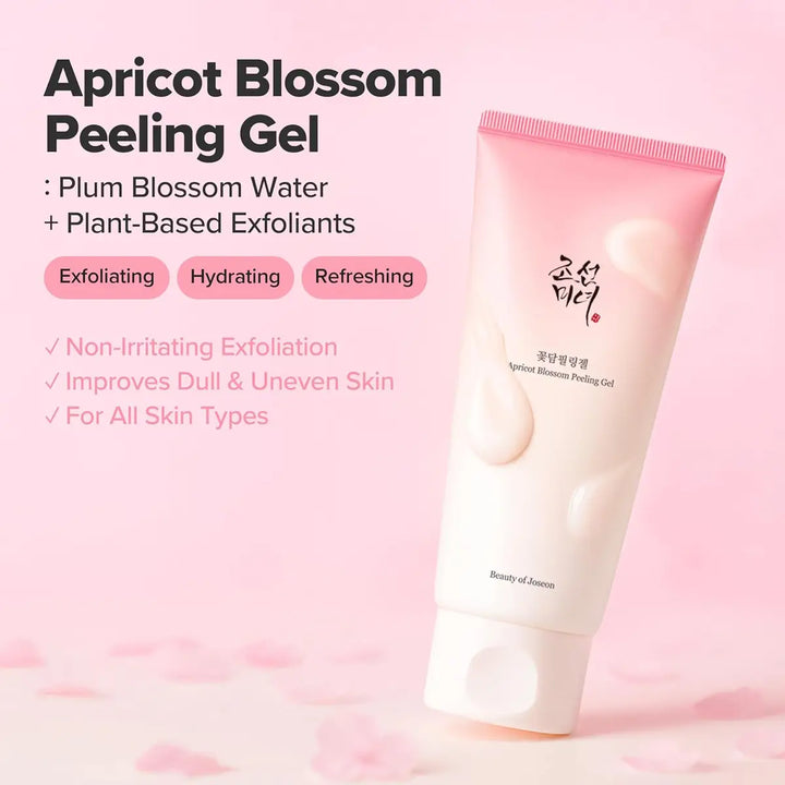 Apricot Blossom Peeling Gel tube on a pink background with product features listed.
