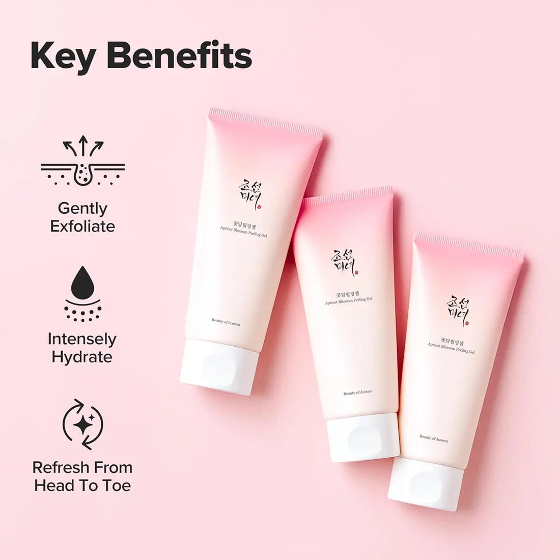 Three pink skincare products with icons and text on a pink background
