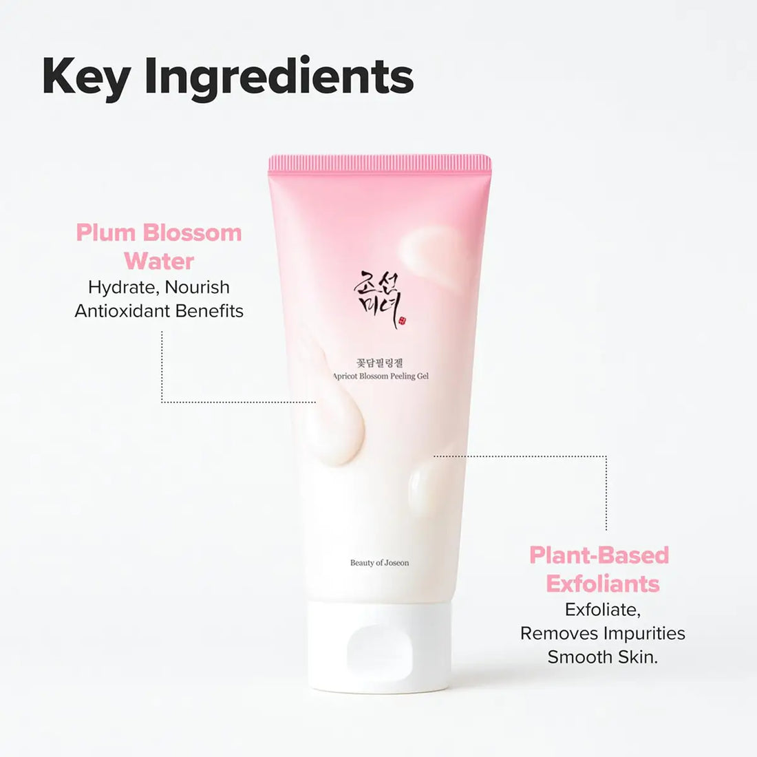 Pink skincare product with text about key ingredients on a white background