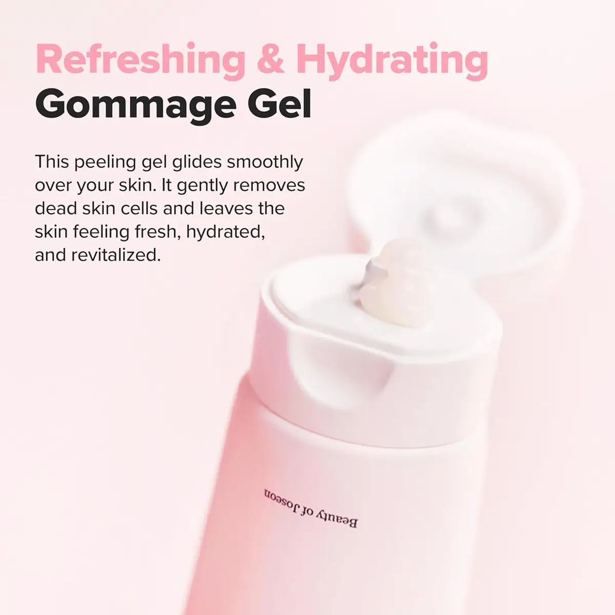 Pink gommage gel bottle with text on a light pink background