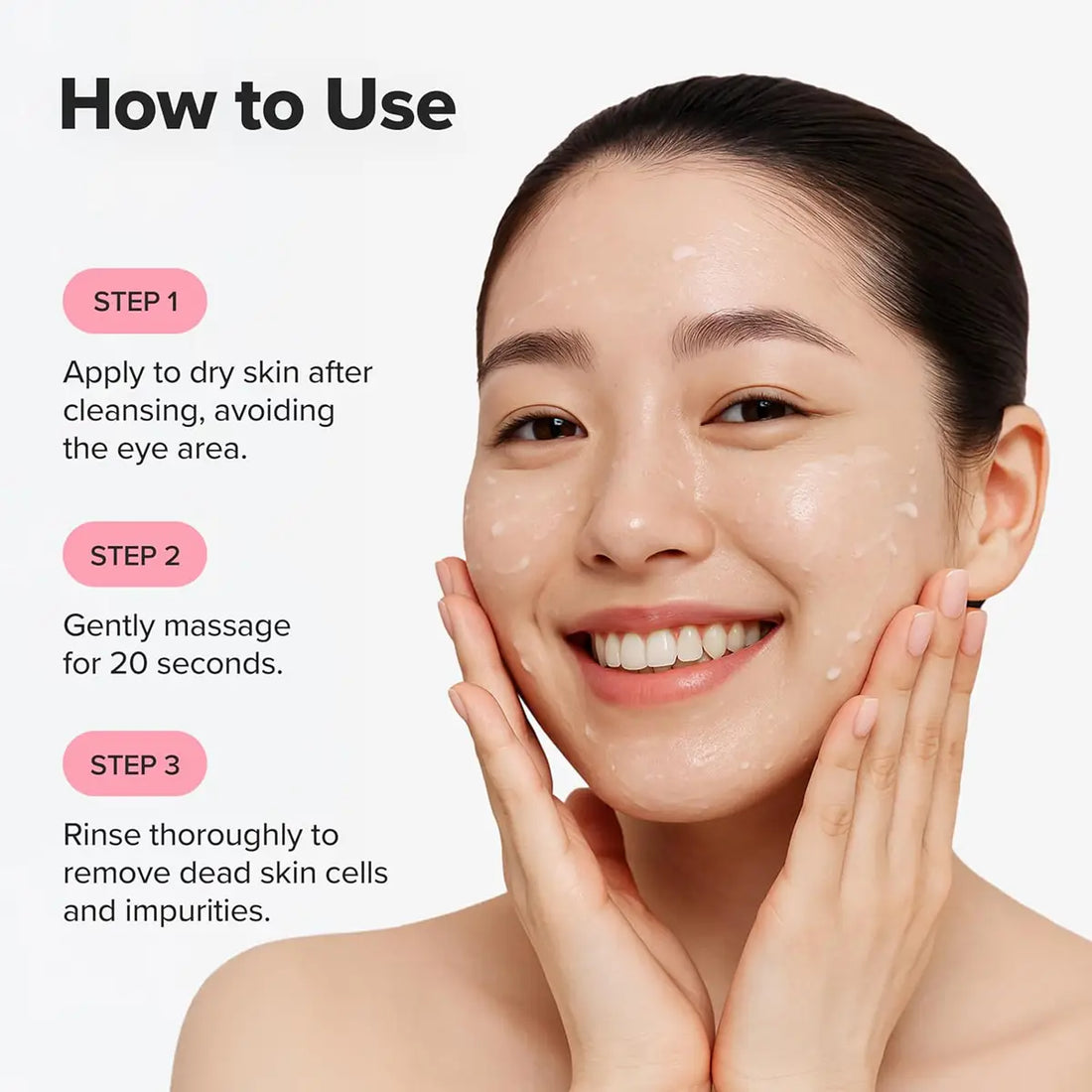 Woman applying skincare product with step-by-step instructions on a white background