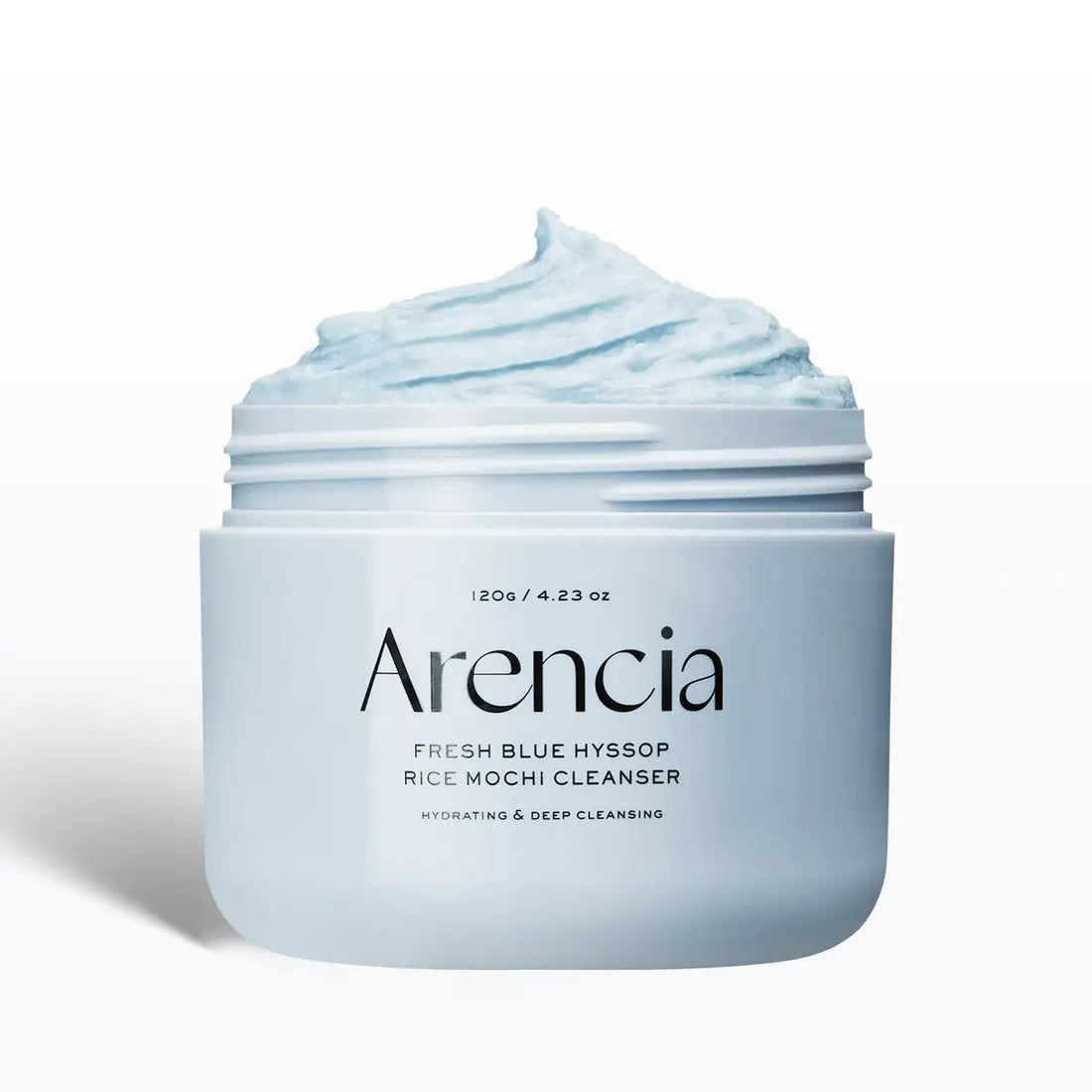 Jar of Arencia Fresh Blue Hyssop Rice Mochi Cleanser with blue cream on a white background