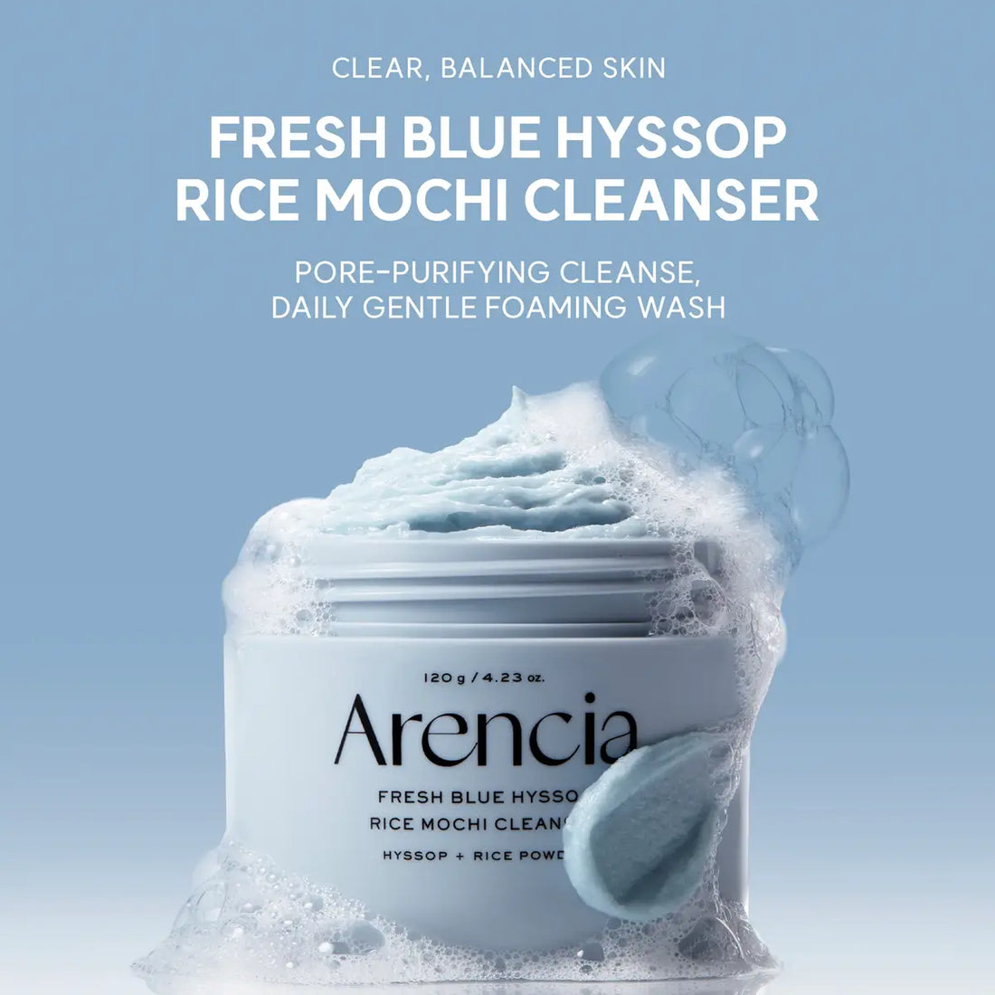 Arenicia Fresh Blue Hyssop Rice Mochi Cleanser with text on a light blue background