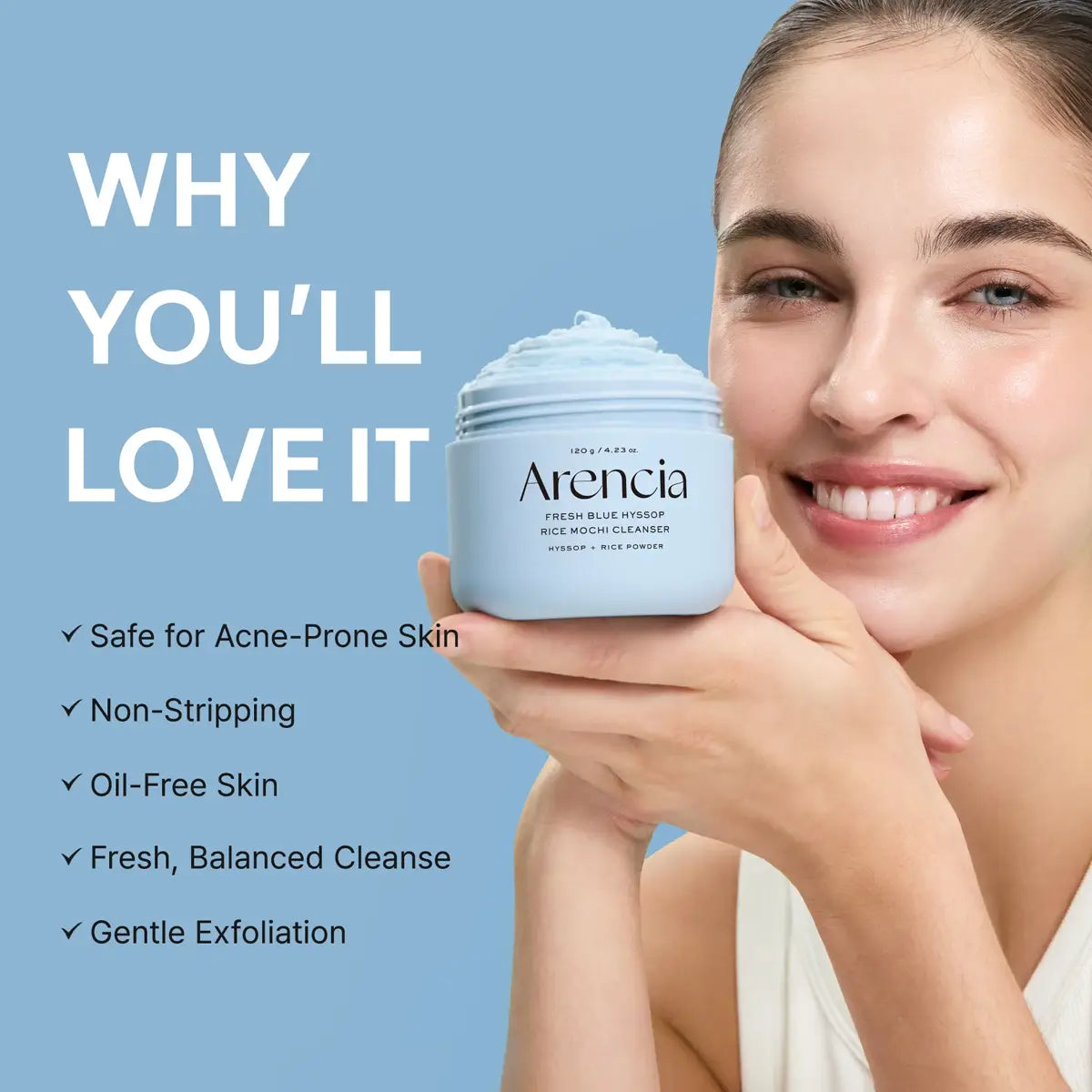 Woman holding a jar of Arencia product with text highlighting its benefits on a blue background