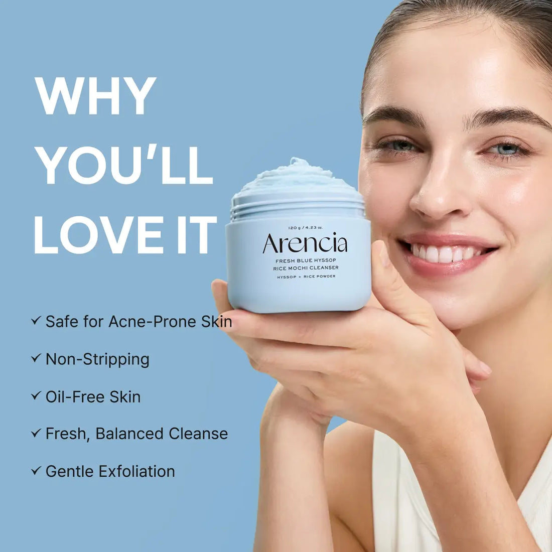 Woman holding a jar of Arencia product with text highlighting its benefits on a blue background