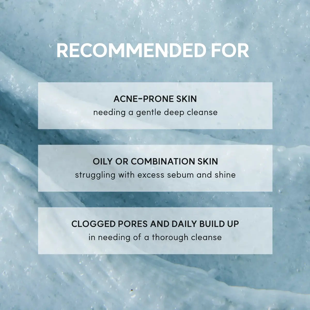 Text overlay on a textured blue background with skincare recommendations.