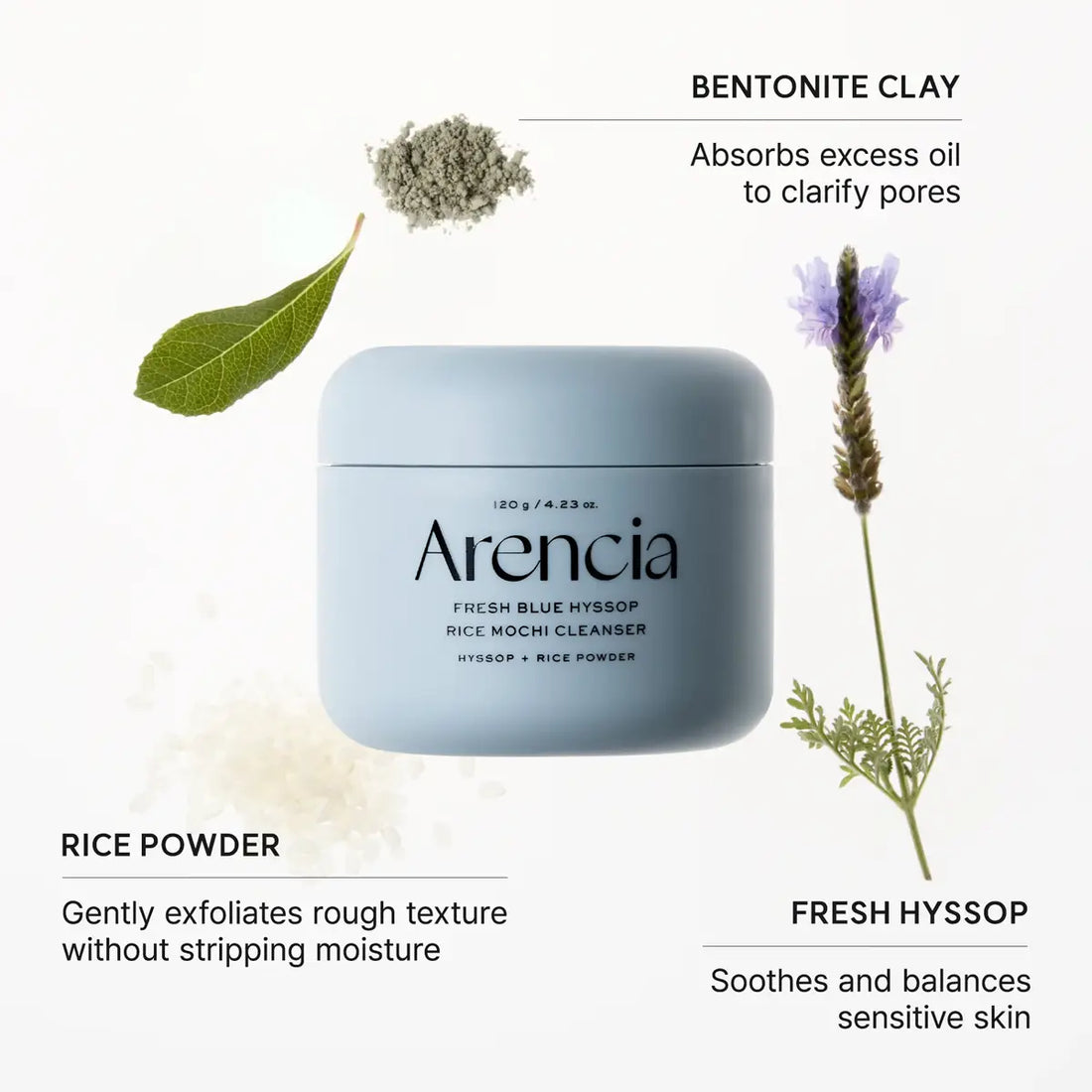Arencia facial cleanser jar with Bentonite Clay, Rice Powder, Fresh Hyssop, and Lavender on a white background