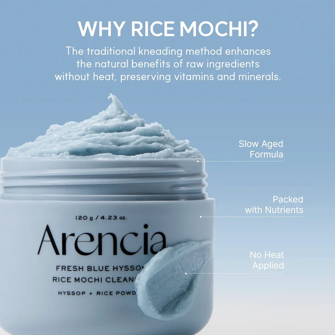 Jar of Arencia Fresh Blue Hyssop Rice Mochi Clean with text explaining benefits on a light blue background