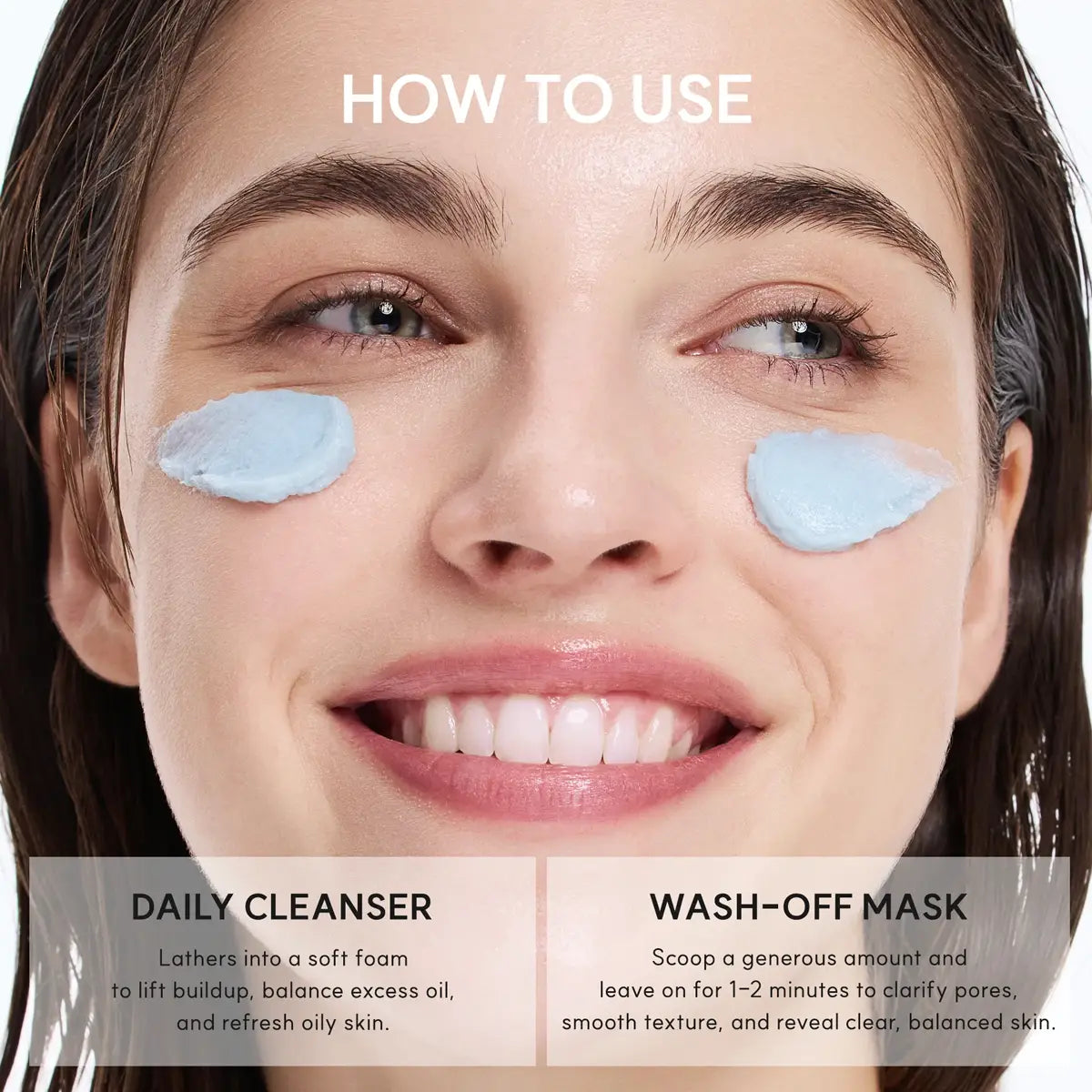 Woman applying facial products with text on how to use daily cleanser and wash-off mask.