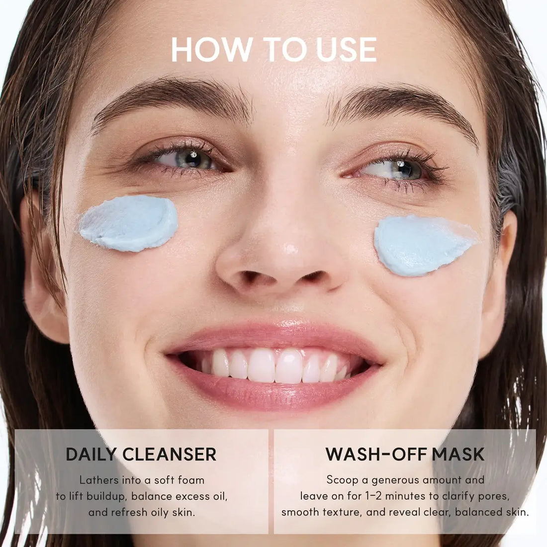 Woman applying facial products with text on how to use daily cleanser and wash-off mask.