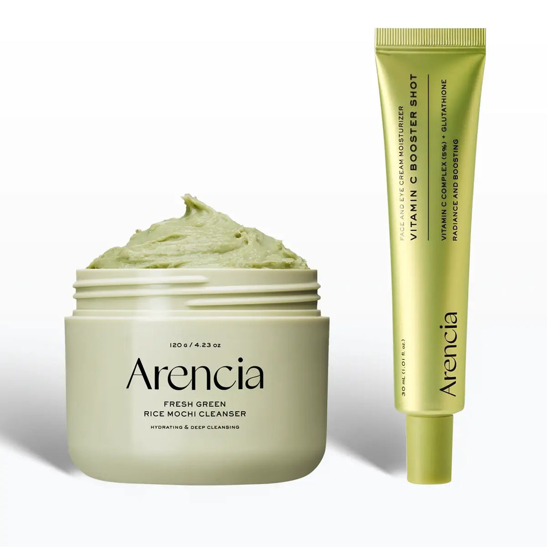 Arencia Bright & Glow Duo featuring Fresh Green Rice Mochi Cleanser 120g and Vitamin C Booster Shot Serum 30ml for radiant, even-toned skin available in UAE.