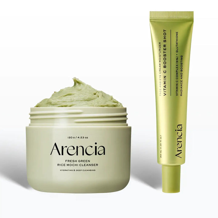 Arencia Bright & Glow Duo featuring Fresh Green Rice Mochi Cleanser 120g and Vitamin C Booster Shot Serum 30ml for radiant, even-toned skin available in UAE.