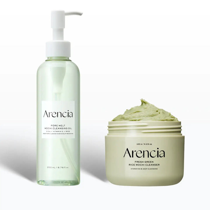 Arencia Deep Pore Double Cleansing Duo with Pore Melt Mochi Cleansing Oil 200ml and Fresh Green Rice Mochi Cleanser 120g for gentle Korean double cleansing in UAE.
