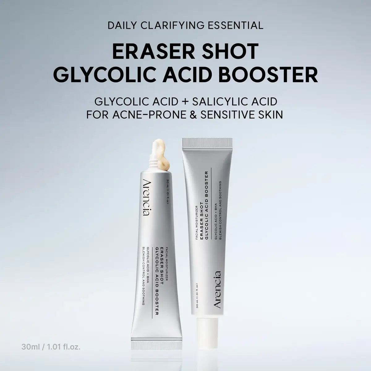 Arenica Eraser Shot Glycolic Acid Booster with text on a light gray background