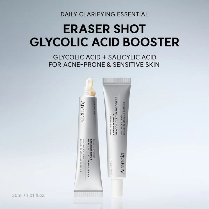 Arenica Eraser Shot Glycolic Acid Booster with text on a light gray background