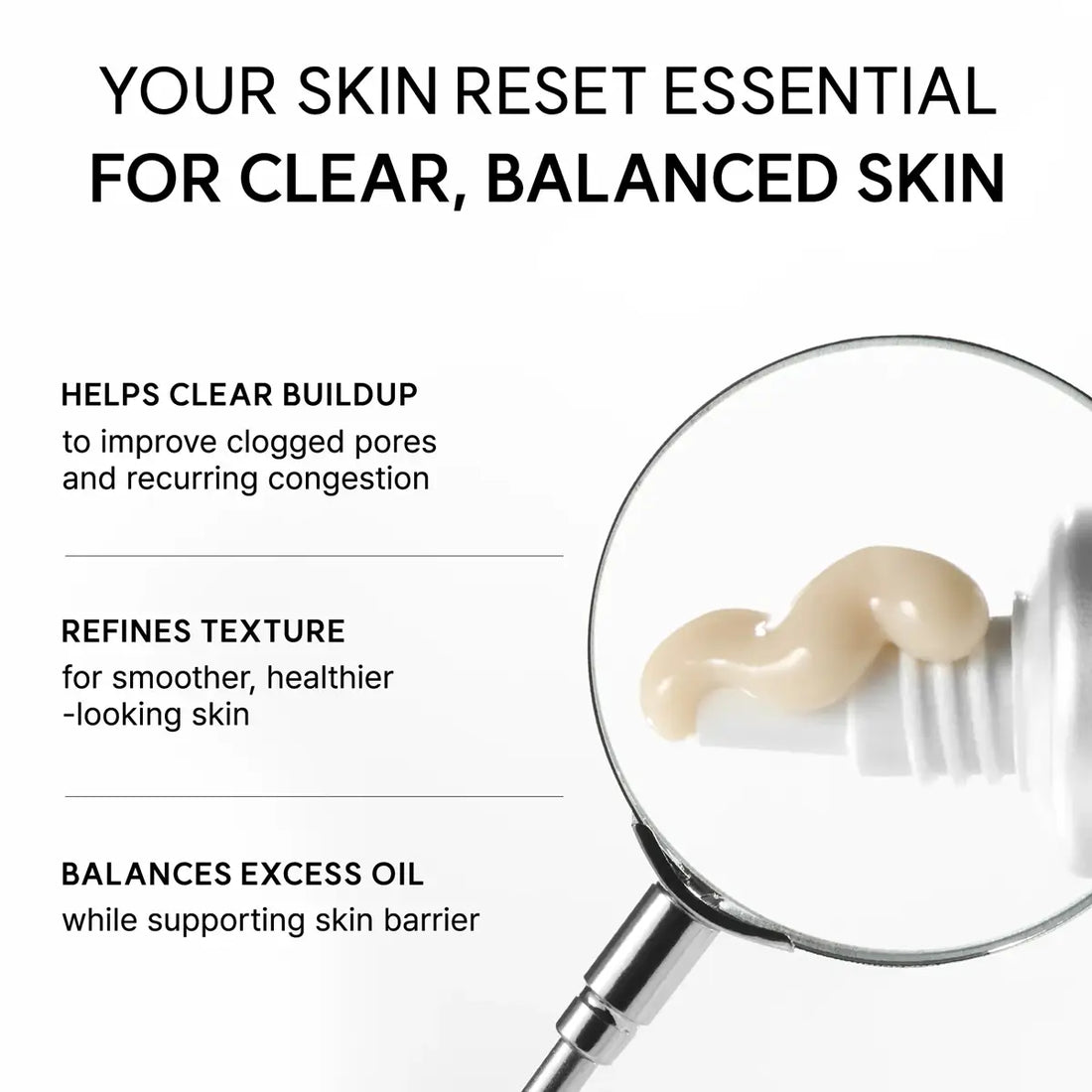 Cosmetic product with a brush under a magnifying glass, text about skin care benefits on a white background