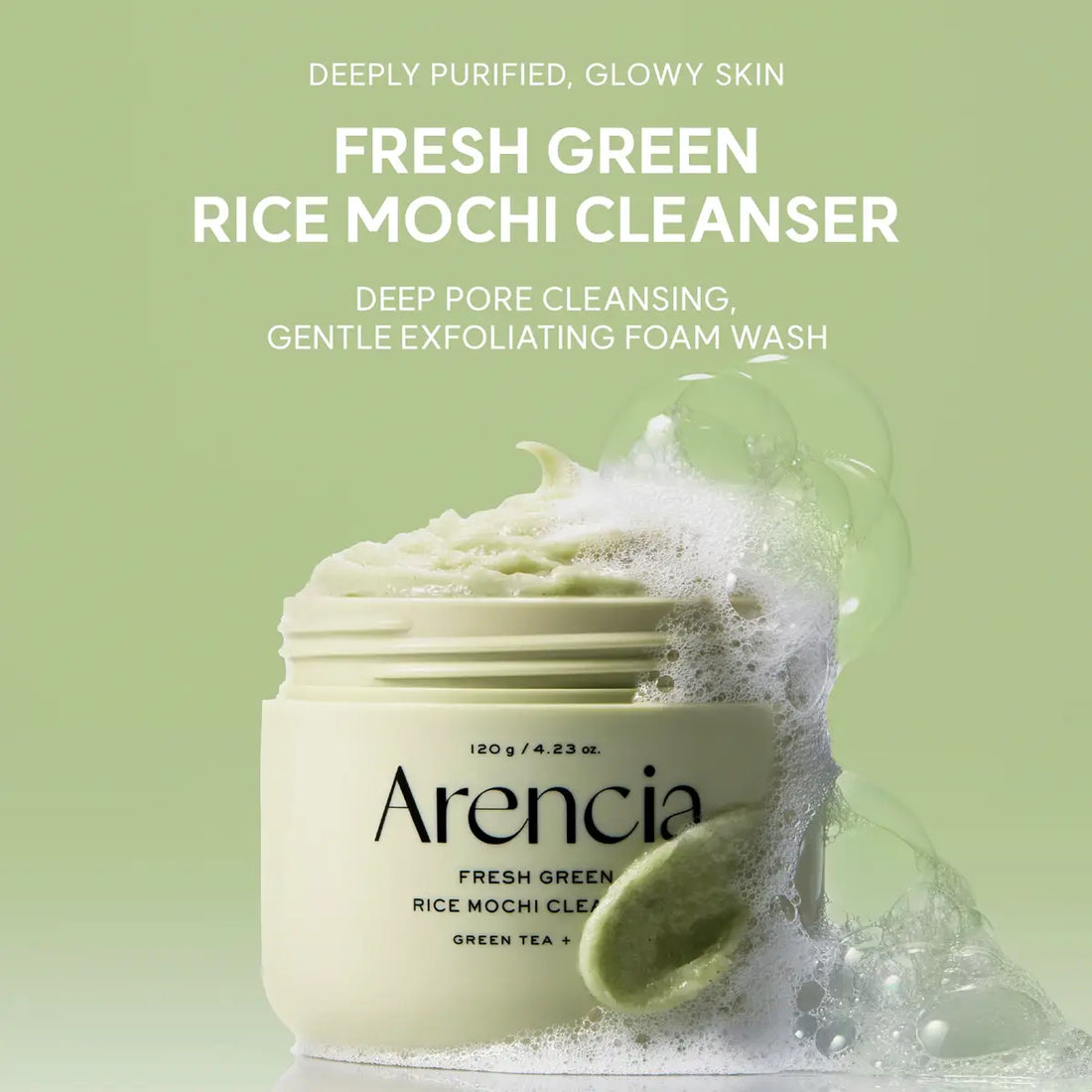 Arenicia Fresh Green Rice Mochi Cleanser with green background and product details.