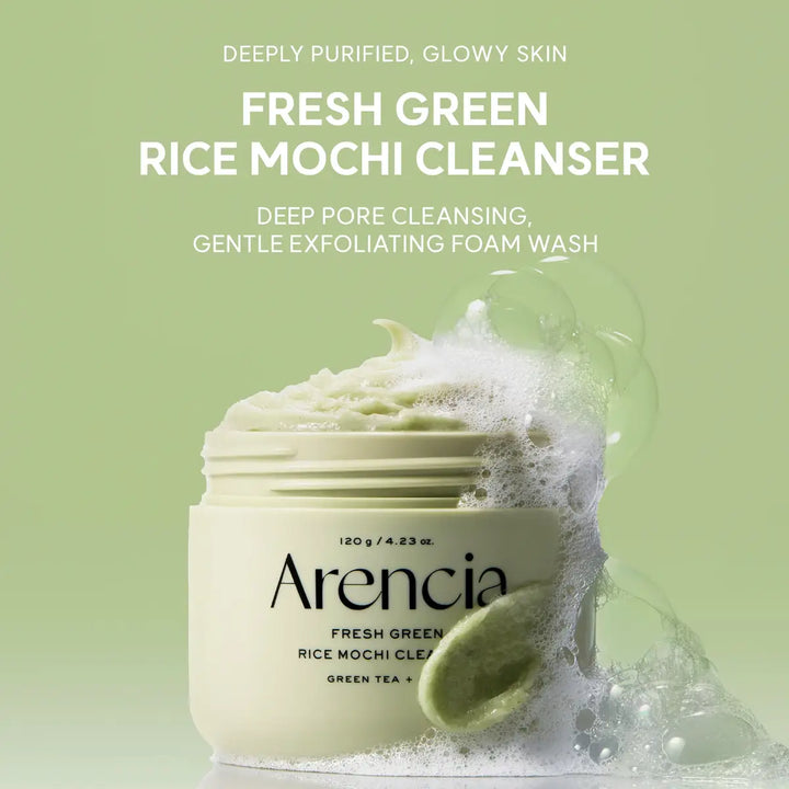 Arenicia Fresh Green Rice Mochi Cleanser with green background and product details.