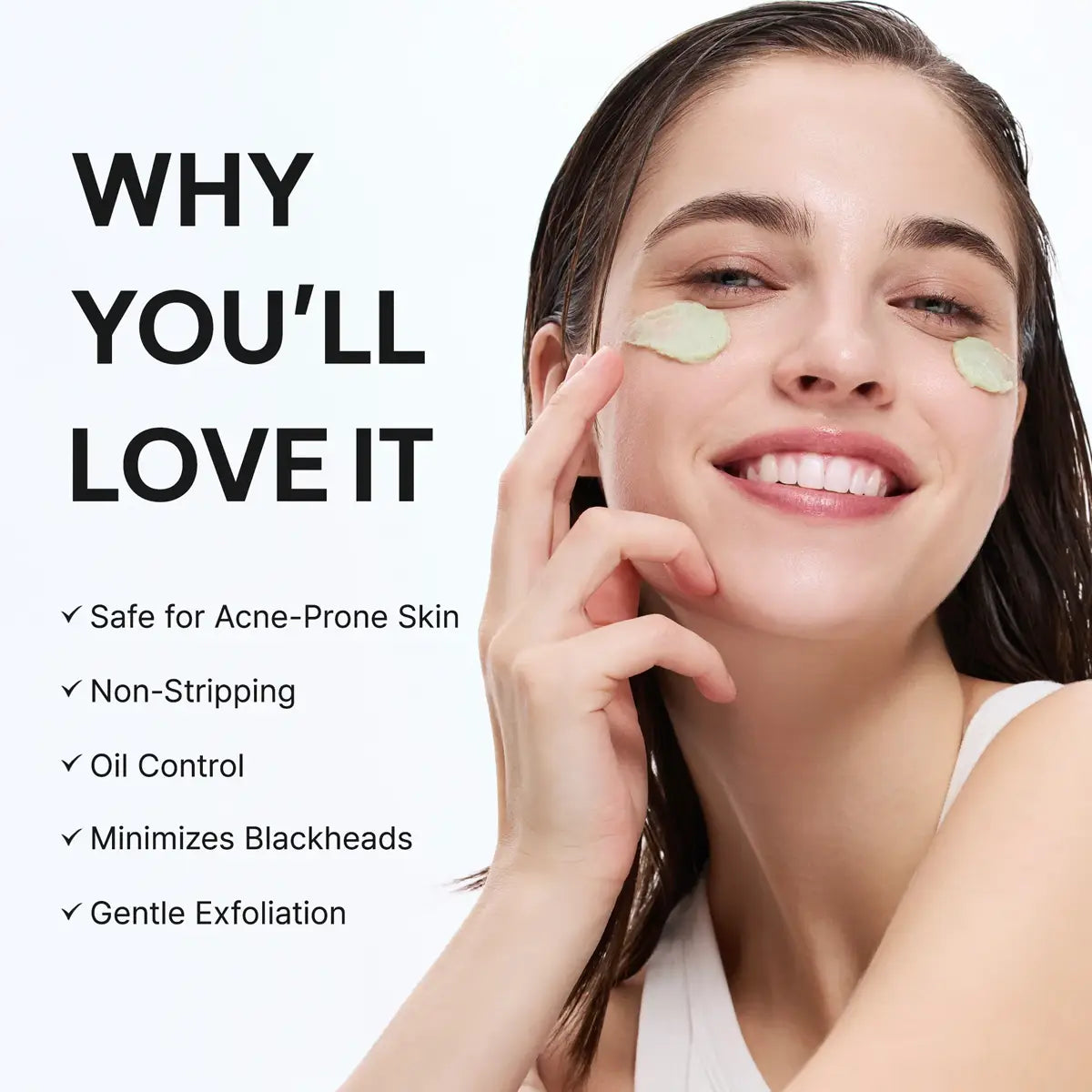 Woman applying patches to her face with text highlighting product benefits on a white background