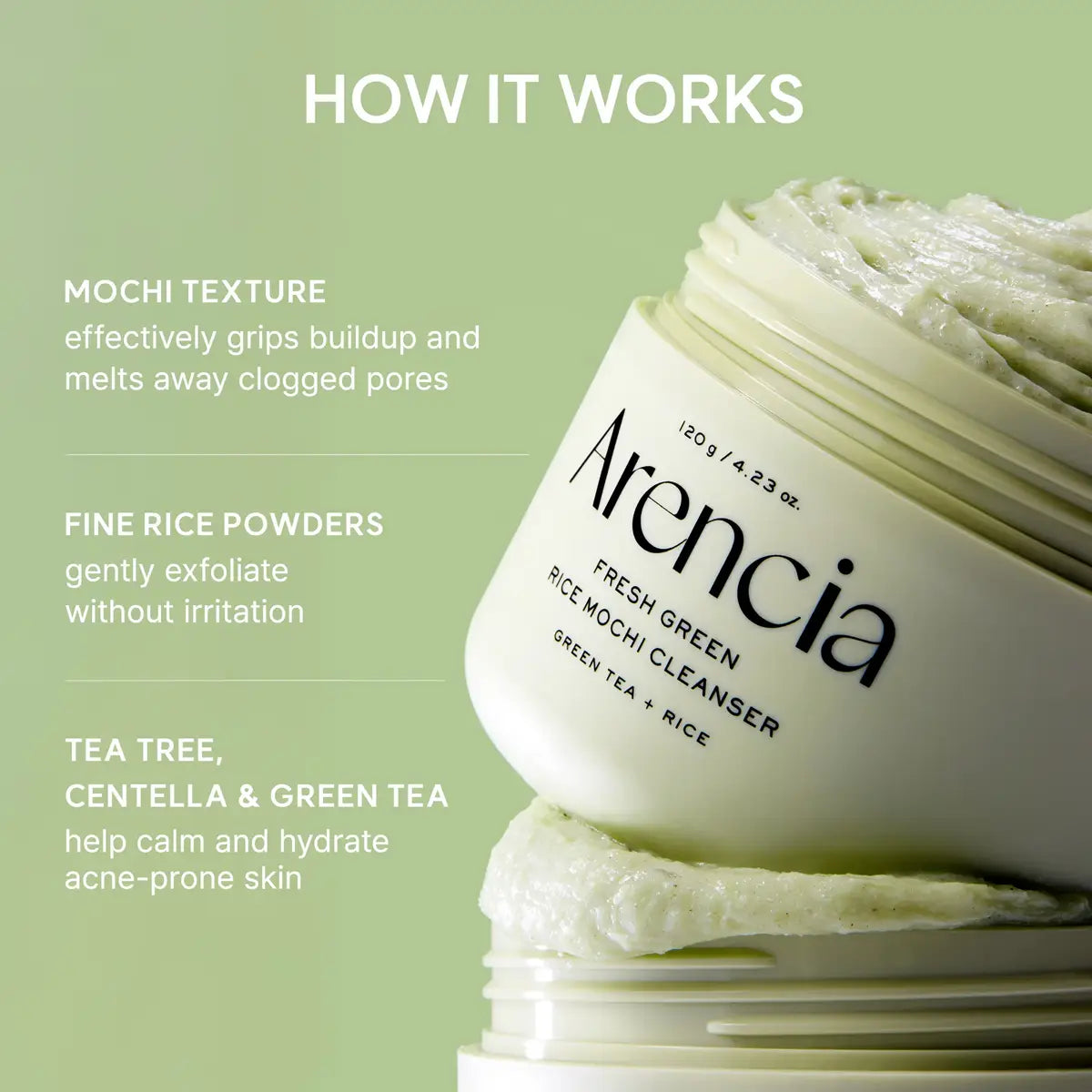 Arenicia Fresh Green Rice Mochi Cleanser with text on a green background