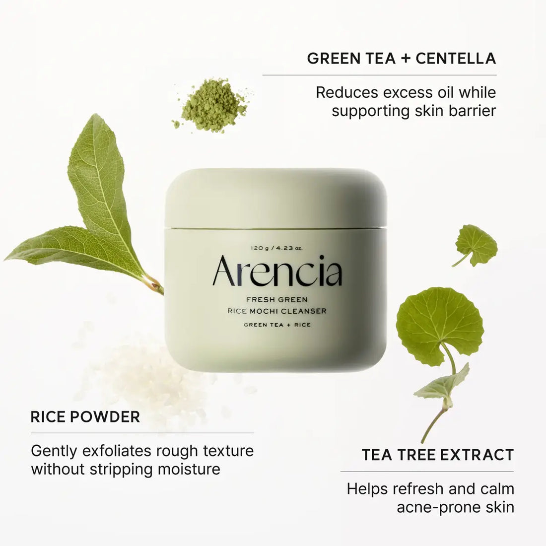 Arencia Fresh Green Rice Mochi Cleanser with green tea, centella, rice powder, and tea tree extract on a white background