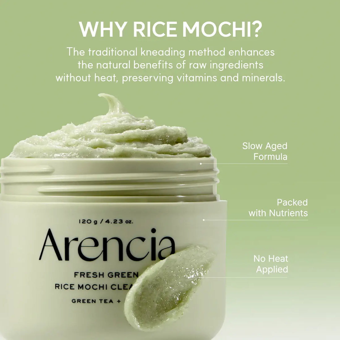 Arencia Fresh Green Rice Mochi Cream jar with green tea leaf on a light green background