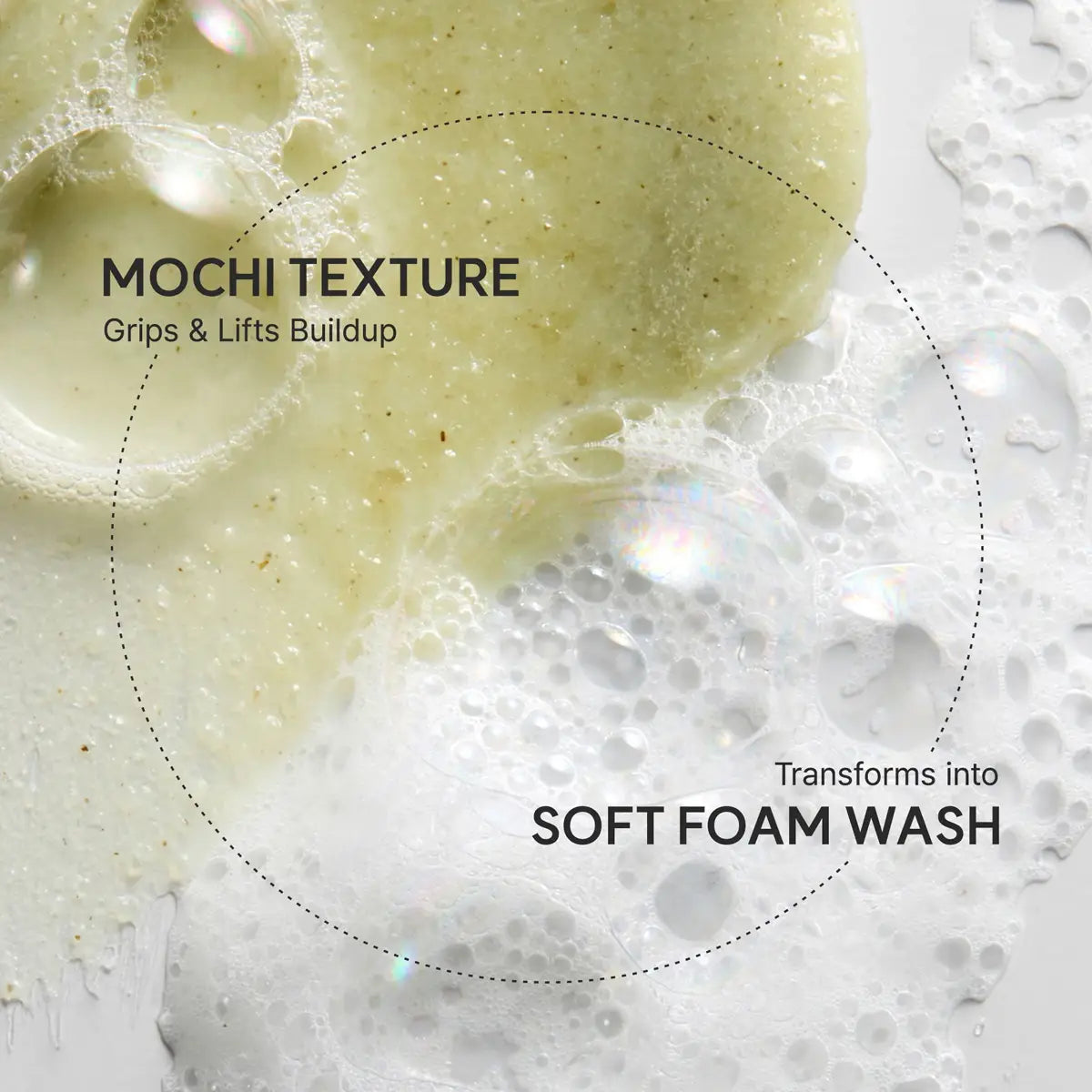 Close-up of a soft foam wash with text highlighting its texture and transformation properties.