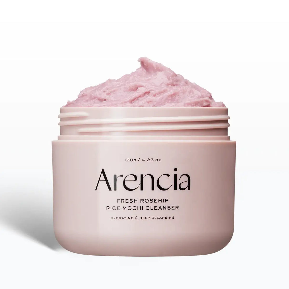 Pink jar of Arencia Fresh Rosehip Rice Mochi Cleanser on a white background
