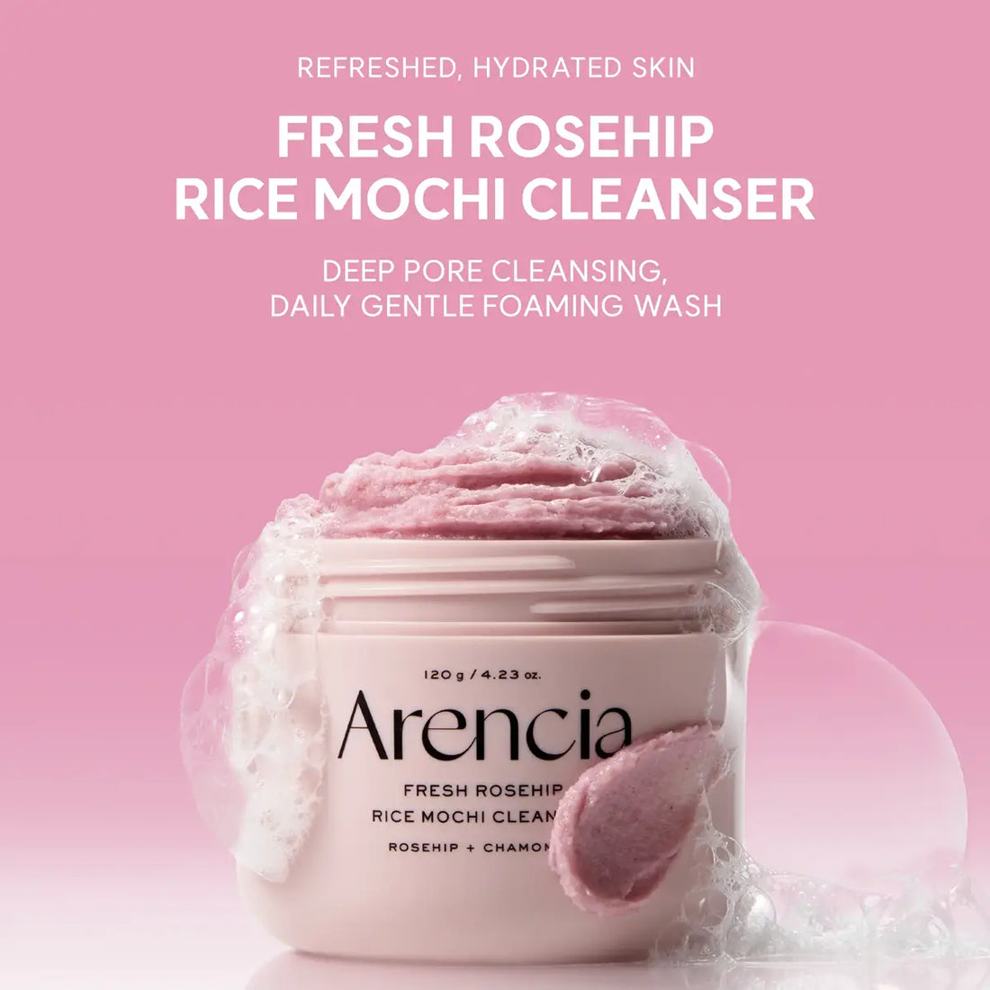 Arenicia Fresh Rosehip Rice Mochi Cleanser with pink background and product details.