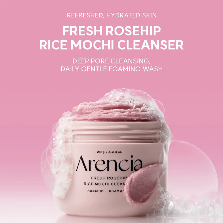 Arenicia Fresh Rosehip Rice Mochi Cleanser with pink background and product details.