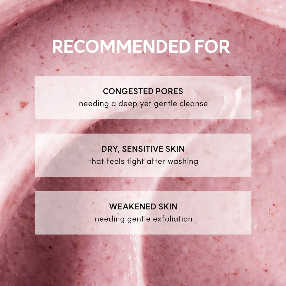 Close-up of a pink skincare product with text indicating its uses for different skin types.